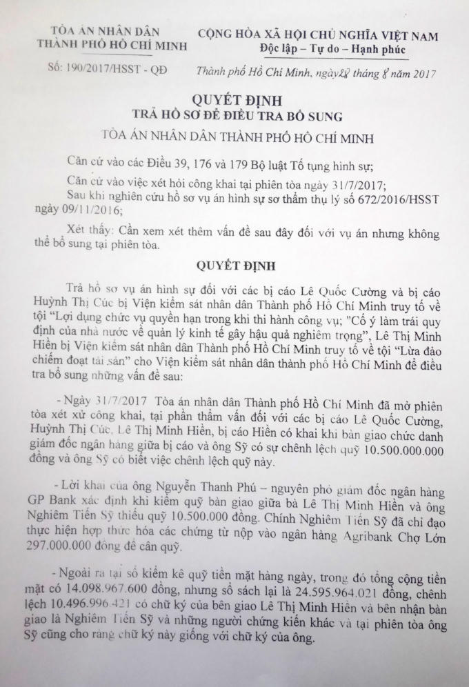 Vụ cựu gi&aacute;m đốc GPBank TP HCM bị truy tố tội &ldquo;lừa đảo chiếm đoạt t&agrave;i sản&rdquo;: T&ograve;a đề nghị l&agrave;m r&otilde; tr&aacute;ch nhiệm của &ocirc;ng Nghi&ecirc;m Tiến Sỹ