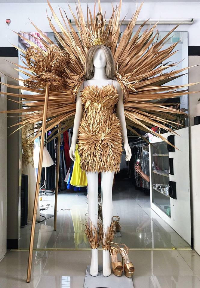 Bộ trang phục làm hoàn toàn bằng nguyên liệu tự nhiên, đó là cây dừa của vùng Bến Tre - Việt Nam và được sơn vàng rất bắt mắt.