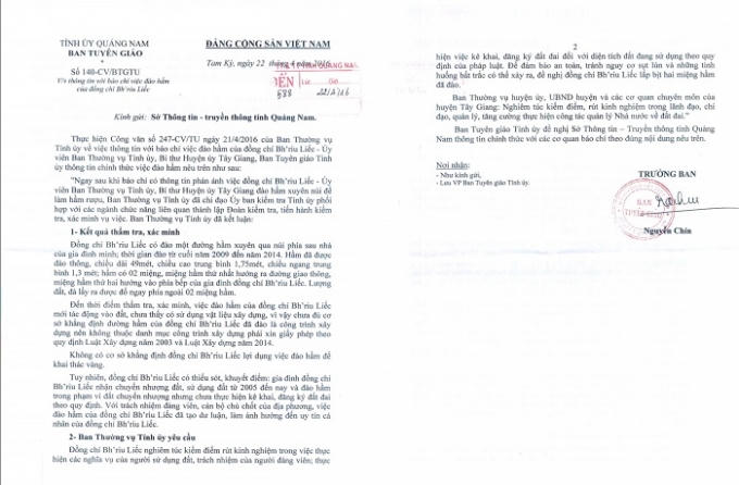 Công văn của Ban Tuyên giáo Tỉnh ủy Quảng Nam.