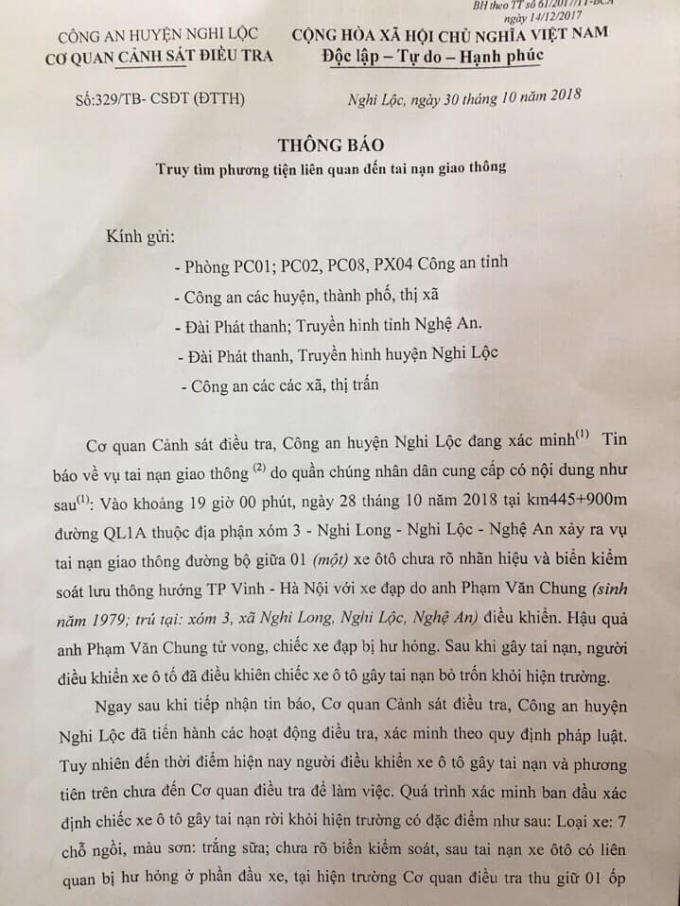 Công an huyện Nghi Lộc ra thông báo truy tìm người điều khiển và phương tiện gây tai nạn.