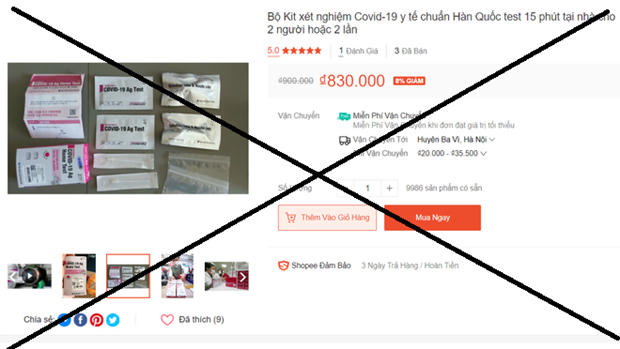 Kit test nhanh Covid-19 rao bán trên một sàn thương mại điện tử. Ảnh Dân Trí