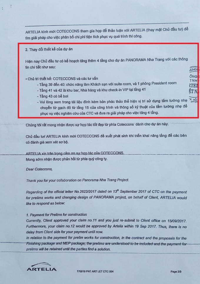 Văn bản của Artelia có nội dung liên quan việc thay đổi thiết kế, nâng tầng