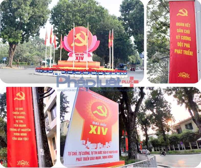 Hình ảnh cờ, hoa pano, áp phích, khẩu hiệu chào mừng Đại hội đại biểu toàn quốc lần thứ XIV của Đảng trên nhiều tuyến phố Hà Nội.