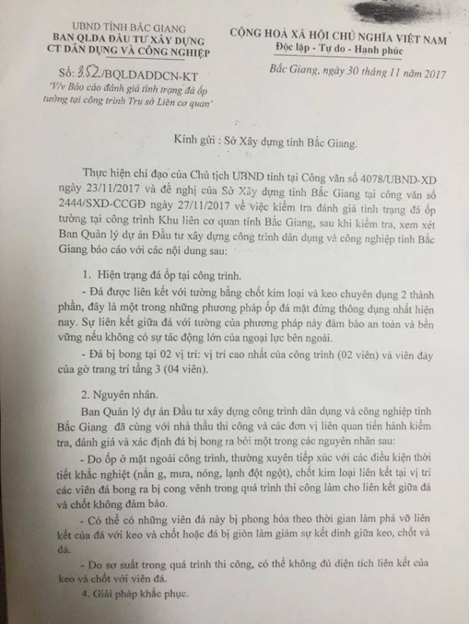 Văn bản của Chủ đầu tư dự án báo cáo với Sở Xây dựng tỉnh Bắc Giang.