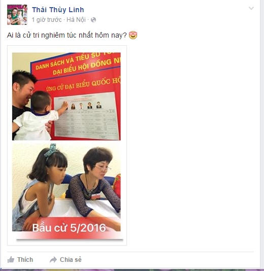 Nữ ca sĩ Thái Thùy Linh cũng chia sẻ hình ảnh hóm hỉnh khi cả gia đình đi bầu cử. - Nguồn: facebook