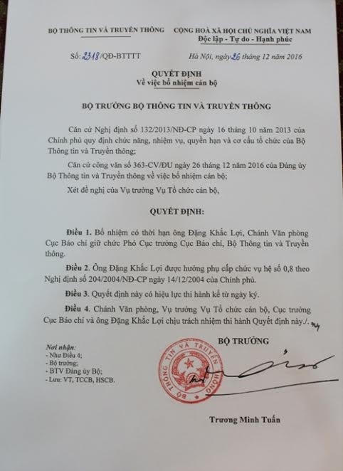 Quyết định bổ nhiệm ông Đặng Khắc Lợi giữ chức Phó Cục trưởng Cục báo chí