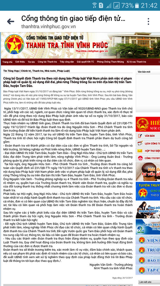 UBND tỉnh Vĩnh Phúc thành lập Đoàn Thanh tra liên quan đến vụ phá rừng 327 mà báo Pháp Luật Việt Nam (Pháp Luật Plus phản ánh).