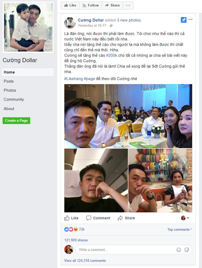 Bài đăng giả mạo trên trang Facebook "Cường Dollar".