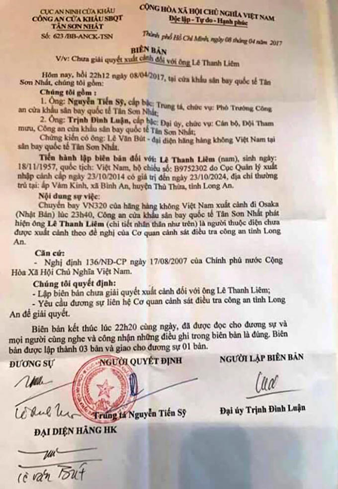 Biên bản chưa giải quyết xuất cảnh đối với ông Lê Thanh Liên, nguyên Giám đốc Sở Y tế tỉnh Long An.