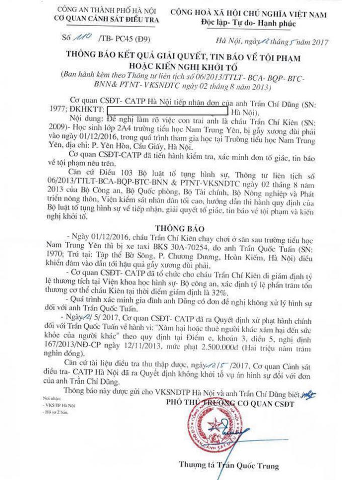 Thông báo của cơ quan điều tra về vụ việc.