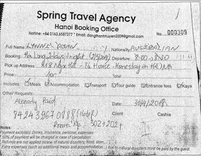 Hóa đơn đặt tour của bà Lynne Ryan.