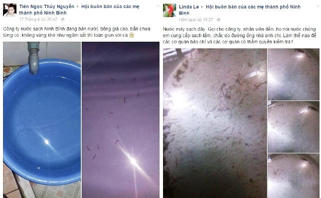 Chia sẻ của Facebooker Tiên Ngọc Thuỷ Nguyễn và Linda Lê về tình trạng nước sạch có giun đỏ và cặn bẩn.