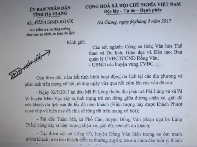 Công văn chỉ đạo của UBND tỉnh Hà Giang.