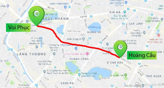 Bản đồ chi tiết 2,2 km Hoàng Cầu - Voi Phục chuẩn bị được thi công mở rộng. Ảnh: Google Maps.