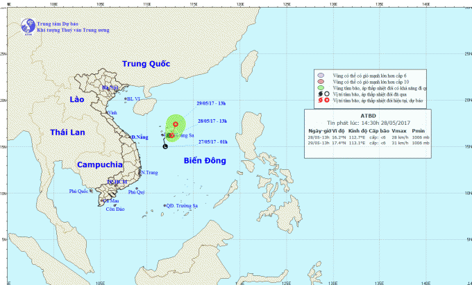 Dự báo hướng đi của áp thấp trên biển. Ảnh: nchmf.gov.vn