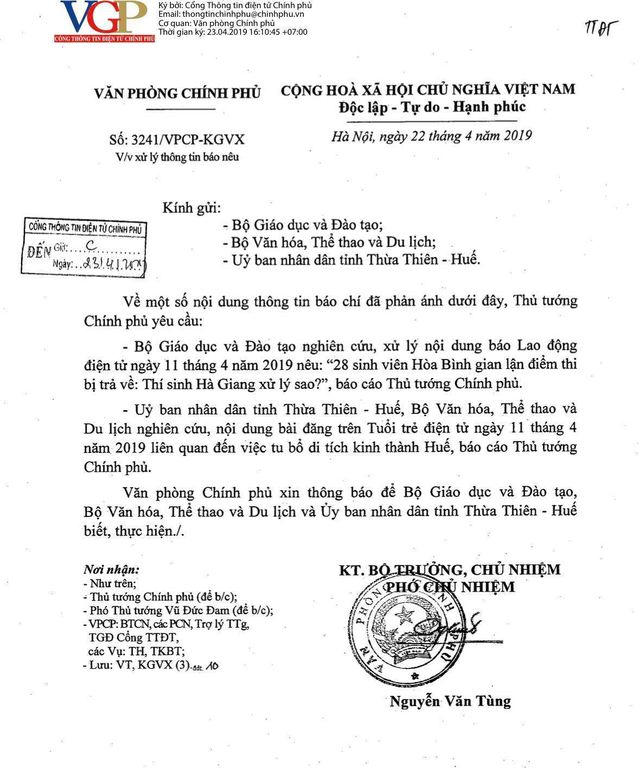 Thủ tướng y&ecirc;u cầu Bộ Gi&aacute;o dục b&aacute;o c&aacute;o, xử l&yacute; th&ocirc;ng tin gian lận điểm thi m&agrave; b&aacute;o ch&iacute; n&ecirc;u