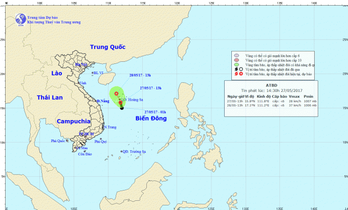 Dự báo hướng đi của áp thấp trên biển. Ảnh: nchmf.gov.vn