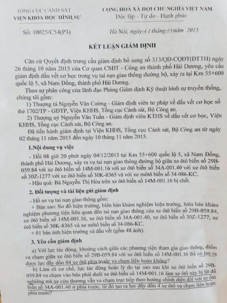 Kết luận giám định của Viện Khoa học hình sự nhận định được lỗi của xe nào gây ra. Tuy nhiên, tài xế xe khách Tạ Quang Hồng vẫn bị khởi tố và giam gần 2 năm.