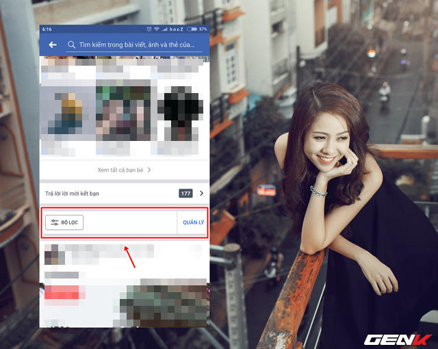 Tiến hành cập nhập ứng dụng Facebook của bạn lên phiên bản mới nhất và truy cập vào trang cá nhân của mình. Khi đó bạn sẽ thấy tùy chọn “Bộ Lọc” xuất hiện. Ở đây bạn sẽ có 2 thao tác để sử dụng tính năng mới này, bao gồm “BỘ LỌC” và “QUẢN LÝ”.