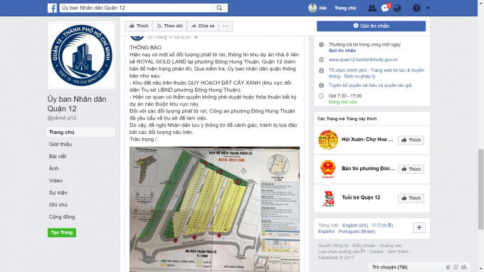 Cảnh báo lừa đảo về dự án "Royal Gold Land:được Quận 12 phát đi thông qua mạng xã hội.