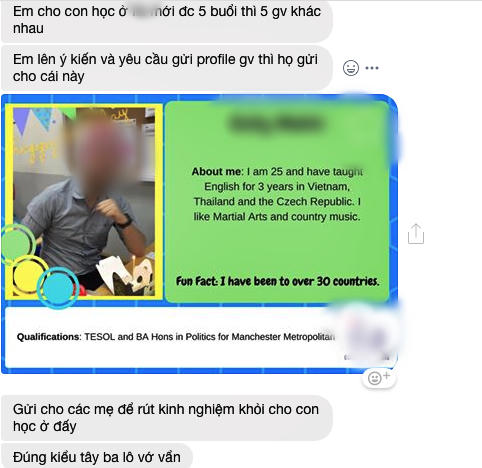 Phản ánh của một phụ huynh trên diễn đàn về việc trung tâm thay giáo viên liên tục.