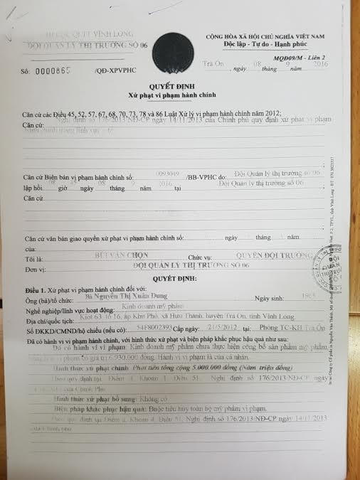 Quyết định xử phạt biến “có thành không” của QLTT tỉnh Vĩnh Long.
