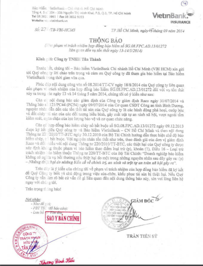 Văn bản VBI Hồ Chí Minh gửi Cty Tân Thành.