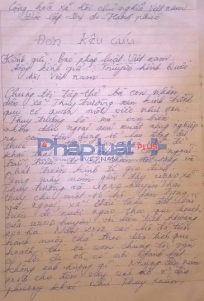 Đơn kêu cứu của bà con ngư dân xã Thụy Trường (huyện Thái Thụy, tỉnh Thái Bình).