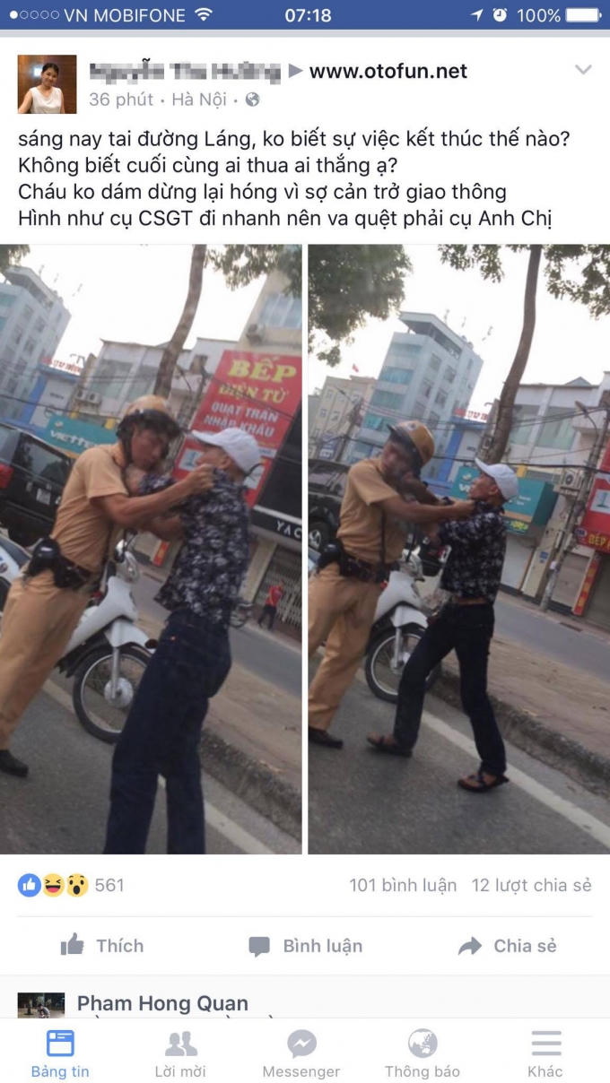 Hình ảnh chiến sỹ CSGT túm áo, xô xát với thanh niên được lan truyền trên mạng xã hội.