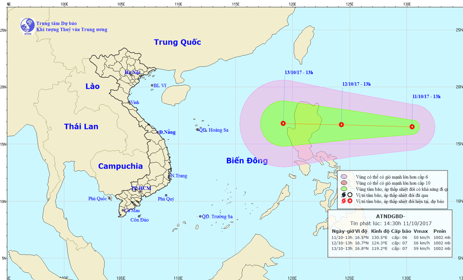 VỊ trí, hướng đi của áp thấp nhiệt đới trên Biển Đông. Ảnh: nchmf.gov.vn