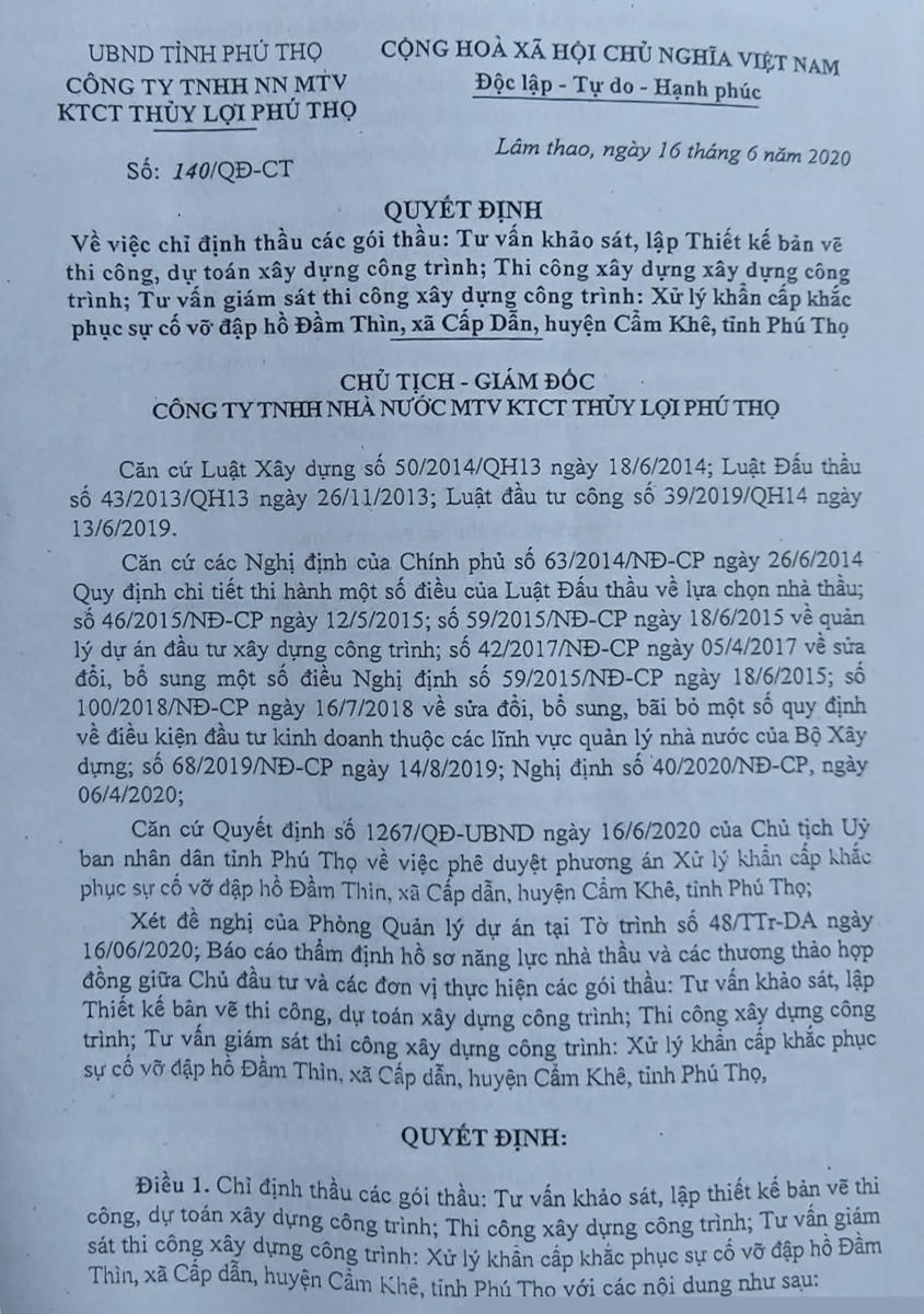 Quyết định chỉ định các gói thầu liên quan đến sự cố hồ Đầm Thìn