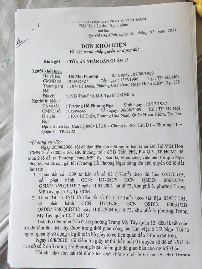 Đơn khởi kiện bà Hồ Mai Phương kiện cô con gái Trương Hồ Phương Nga.