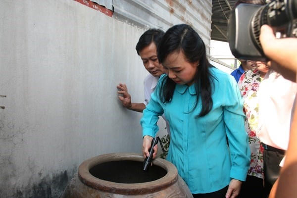 Bộ trưởng Bộ Y tế tham gia diệt lăng quăng cùng người dân. (Bình Định)