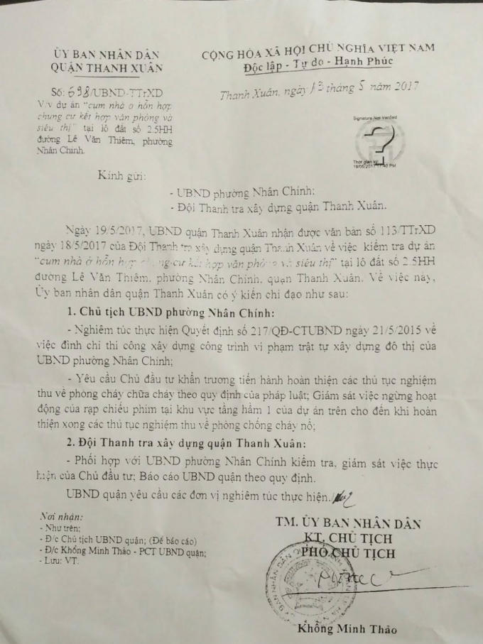 Văn bản do UBND quận Thanh Xuân ban hành.