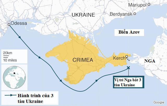 Bản đồ vị trí eo biển Kerch nổi biển Đen và biển Azov - nơi Nga bắt ba tàu chiến Ukraine (Ảnh: BBC)