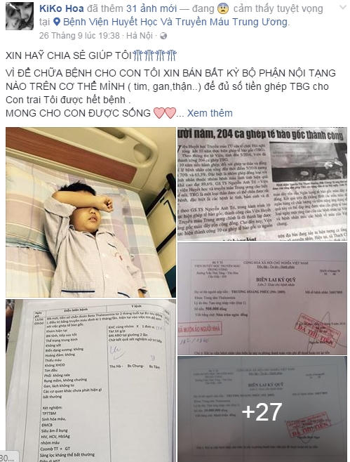 Chị Trần Thị Hoa lên mạng rao bán nội tạng để lấy tiền cứu con. (Ảnh chụp màn hình).