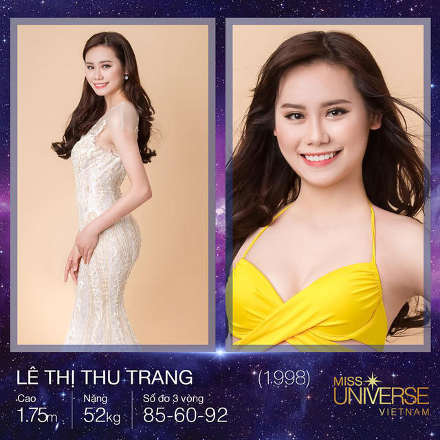Sở hữu chiều cao ấn tượng 1m75, cùng số đo 85-60-92, cô nàng Lê Thị Thu Trang của Bắc Giang đến với Hoa hậu Hoàn vũ Việt Nam với ước mơ “giúp đỡ những hoàn cảnh khó khăn, những mảnh đời bất hạnh mà tôi đã được chứng kiến”.