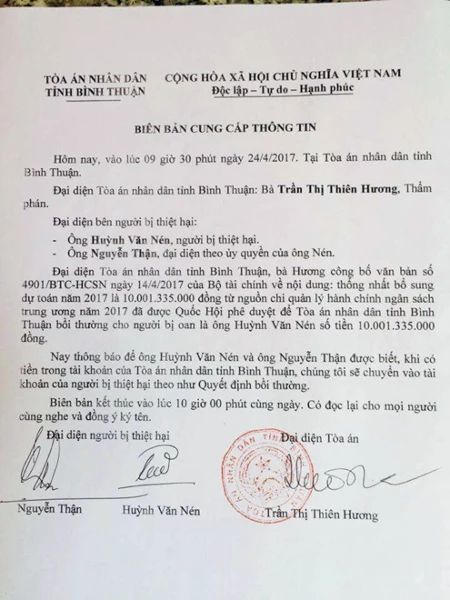 Bản cung cấp thông tin của đại diện TAND tỉnh Bình Thuận với ông Huỳnh Văn Nén và ông Nguyễn Thận.
