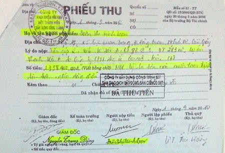 Phiếu thu hơn 1,3 tỷ đồng ông Nguyễn Trung Dũng ký nhận tiền của bà Loan việc đăng ký mua đất khu Thanh Hà A.