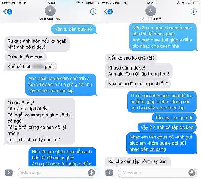 Phạm Lịch tung tin nhắn được cho l&agrave; cuộc tr&ograve; chuyện giữa c&ocirc; v&agrave; Phạm Anh Khoa.