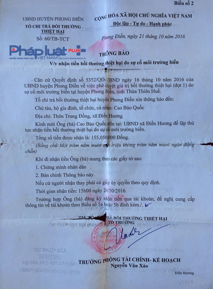Thông báo nhận tiền của UBND huyện Phong Điền từ tháng 10/2016.