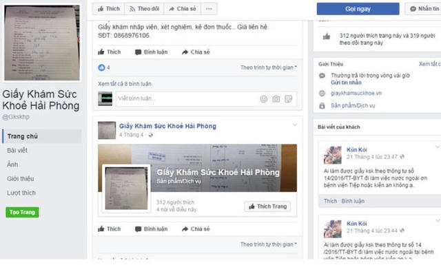 Trên facebook xuất hiện nhiều tài khoản rao bán giấy khám sức khỏe.