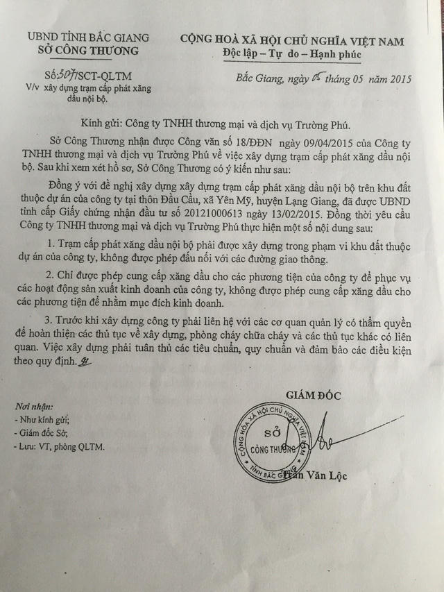 Sở Công thương tỉnh Bắc Giang đồng ý cho Công ty Trường Phú xây dựng cây xăng nội bộ nhưng không được đấu nối vào Quốc lộ, không được kinh doanh...