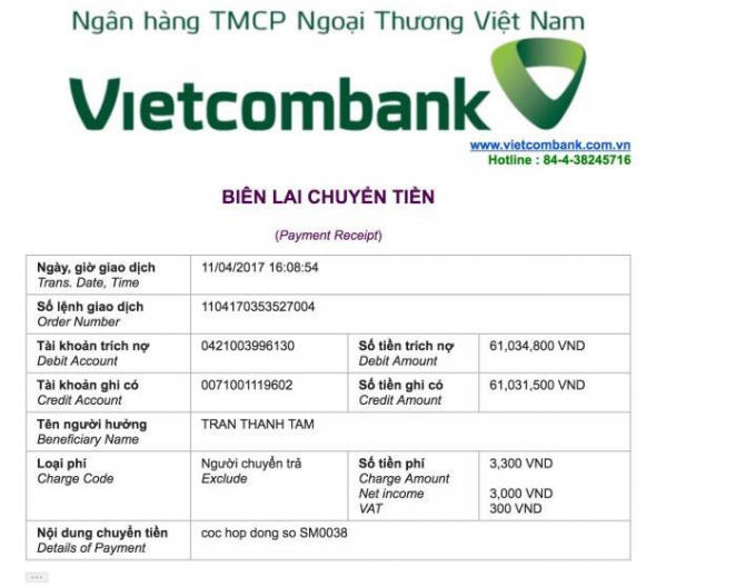 Ngày 11/4, chị Ngân đã thanh toán trước qua tài khoản mang tên Tran Thanh Tam 86.000.000 đồng.