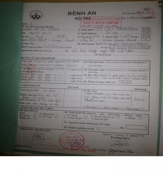Bệnh án của Hồ Sỹ Hùng.
