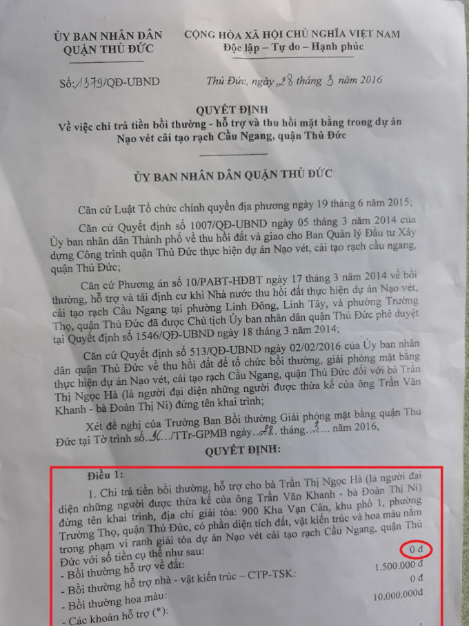 Quyết định chi trả bồi thường, hỗ trợ khi thu hồi đất của bà Hà, trong đó bà Hà không được bồi thường hỗ trợ phần đất bị thu hồi