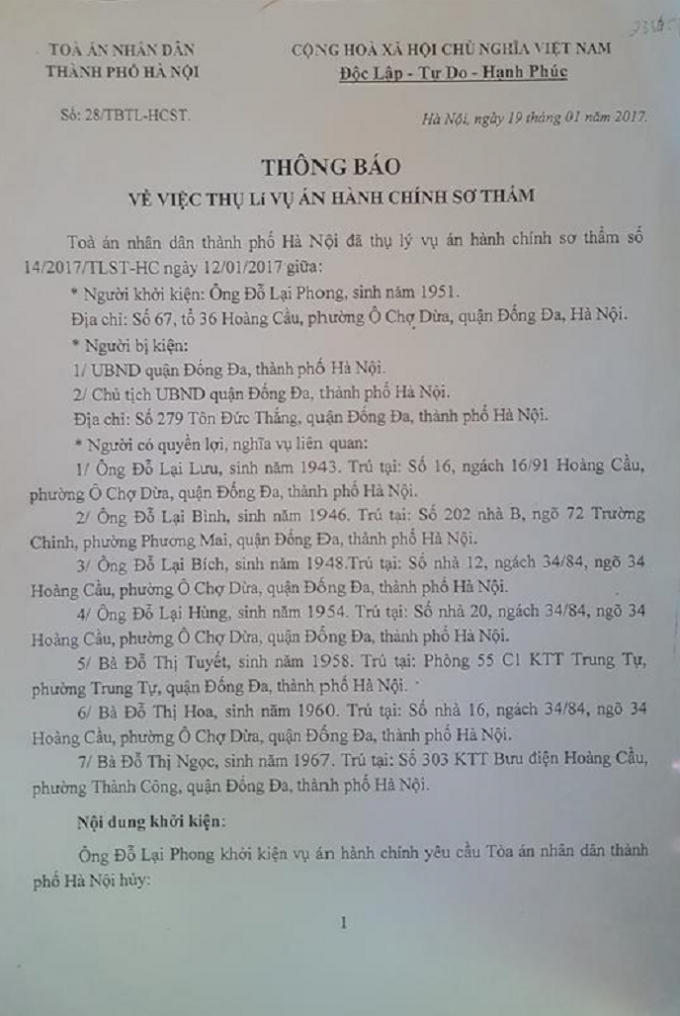 Thông báo thụ lý vụ án của UBND TP Hà Nội.