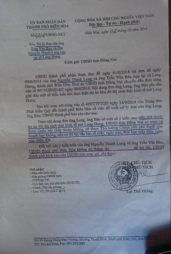 Một văn bản trả lời với nội dung “không đủ thông tin” của UBND TP. Biên Hòa do người dân cung cấp