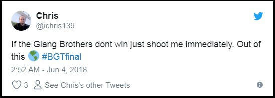 Tài khoản Chris: “Nếu Giang Brothers mà không giành chiến thắng, giết tôi ngay đi. Một tiết mục không tưởng!”.