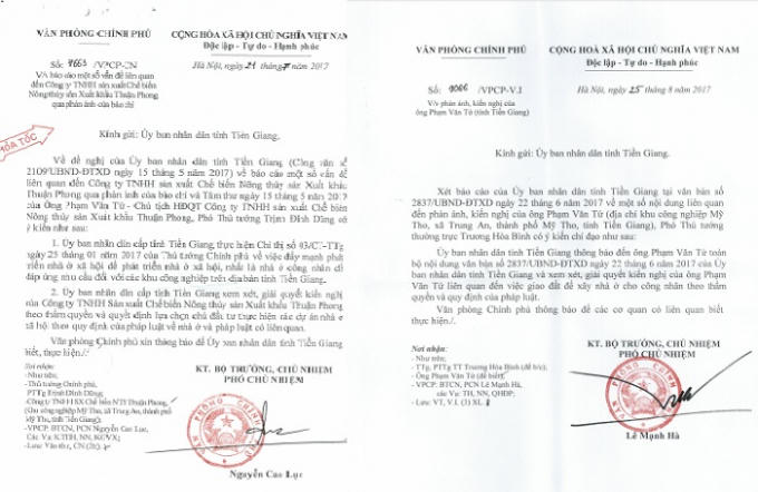 Hai công văn của VPCP truyền đạt ý kiến chỉ đạo của Phó Thủ tướng Thường trực Trương Hoà Bình và Phó thủ tướng Trịnh Đình Dũng.